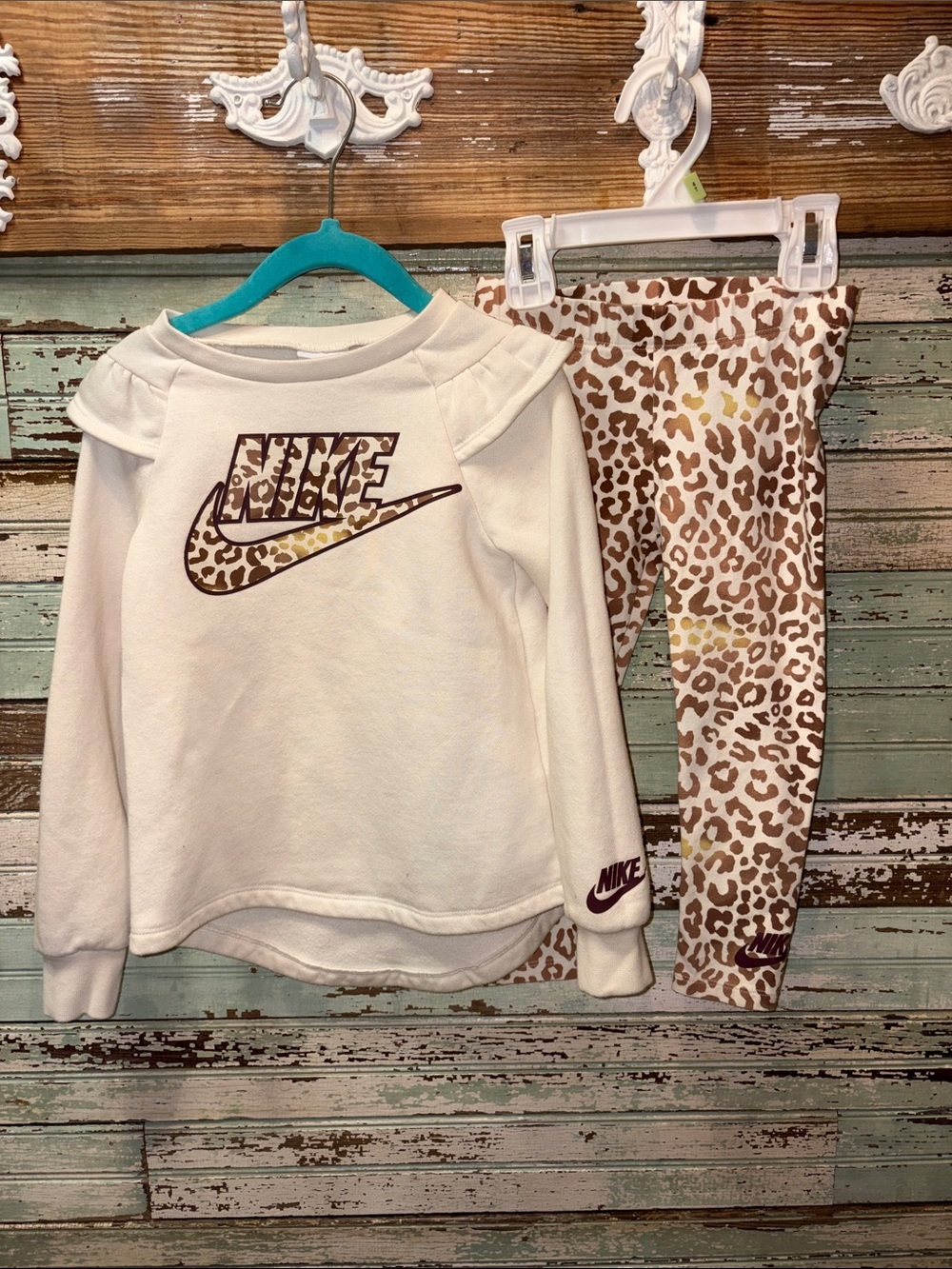 Nike Cream Pullover Hoodie with Leopard Print Swoosh & Logo with matching Pants